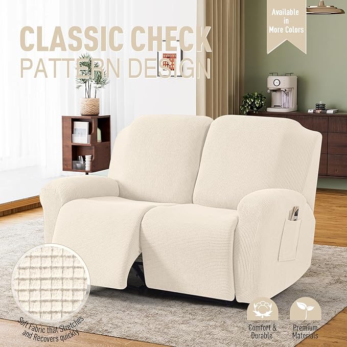 TAOCOCO Recliner Loveseat Slipcover, 6 Pieces Dual Recliner Sofa Covers for 2 Seat Dual Reclining Loveseat Couch, Stretch Soft Jacquard Pattern Furniture Protector with Elasticity (2XL, Beige)