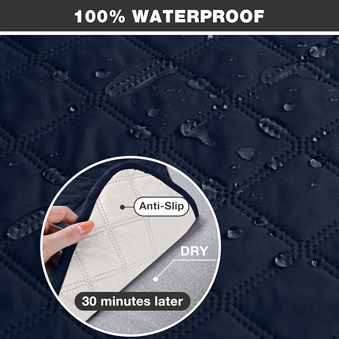 TAOCOCO 100% Waterproof Recliner Couch Covers, Recliner Sofa Covers with Leg Straps, 1-Piece Washable Reclining Sofa Cover with Pocket Couch Protector for Pets Kids(2 Seater, Dark Blue)