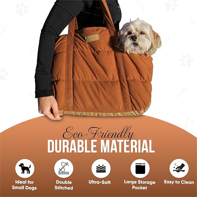 NoblePup Plush Dog Purse Carrier for Small Dogs, Soft Dog Tote Bag with Safety Harness Clip, Cozy Pet Carrier for Dogs Under 15 lbs, Comfortable Dog Shoulder Carrier for Travel, Brown