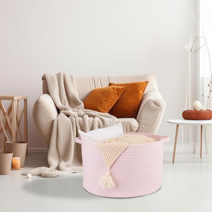 XUANGUO Extra Large Cotton Rope Basket Blankets Basket Living Room 22"x14" Toy Baskets for Kids Dogs Storage Baskets for Nursery Woven Laundry Baskets for Clothes Towels Baby Toy Storage Round pink