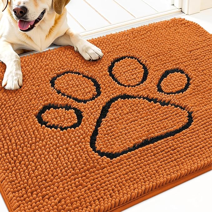 OLANLY Dog Door Mat for Muddy Paws 30x20, Paw Print Design, Absorbs Moisture and Dirt, Absorbent Non-Slip Washable Doormat, Quick Dry Chenille Mud Mat for Dogs, Entry Indoor Entryway Carpet, Clay