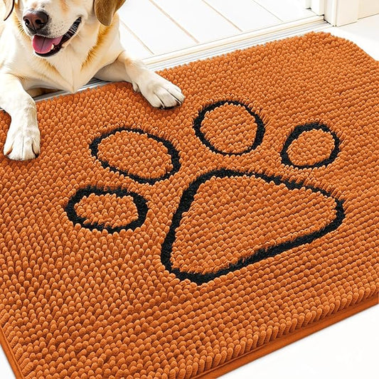 OLANLY Dog Door Mat for Muddy Paws 30x20, Paw Print Design, Absorbs Moisture and Dirt, Absorbent Non-Slip Washable Doormat, Quick Dry Chenille Mud Mat for Dogs, Entry Indoor Entryway Carpet, Clay