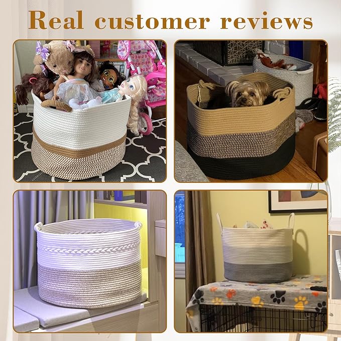 67L Large Blanket Basket, 20"x13" Woven Storage Baskets With Handle, Cotton Rope Blanket Basket Living Room, Baby Laundry hamper for Blanket, Nursery, Toy, Pillow (White & Grey)