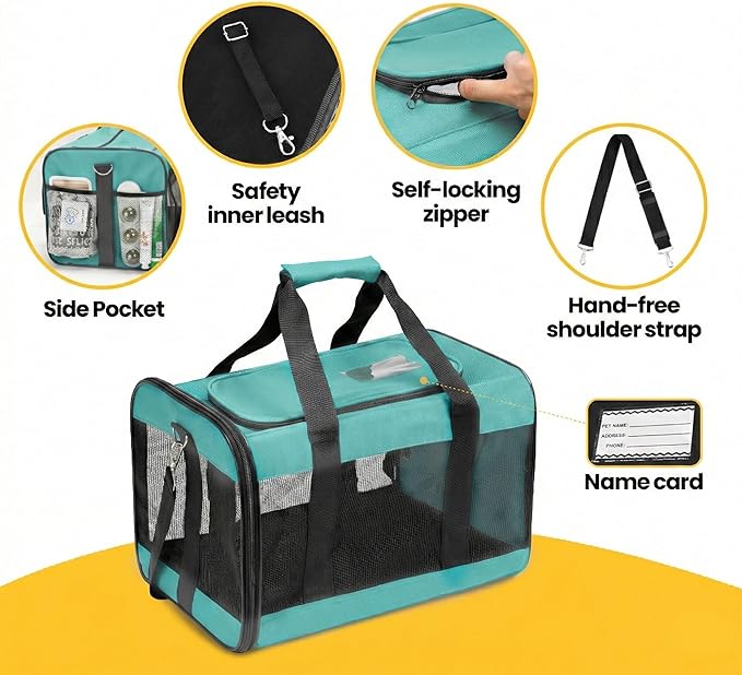 Conlun Cat Carrier Airline Approved, Soft-Sided Dog Carrier with Inner Safety Leash, Pet Transport Carrier for Small-Medium Cats Puppies up to 15 Lbs,Travel Kitten Carrier Bag -Turquoise,M