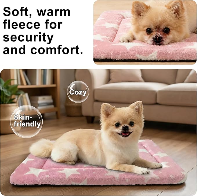 Dog Bed Mat – Soft & Comfortable Dog Kennel Pad for Crate – Durable Crate Bed & Mat for Dogs & Cats – Ideal for Crate, Kennel, and Home Use (Big&Little Stars Pink, S(24"*18"*1.5"))