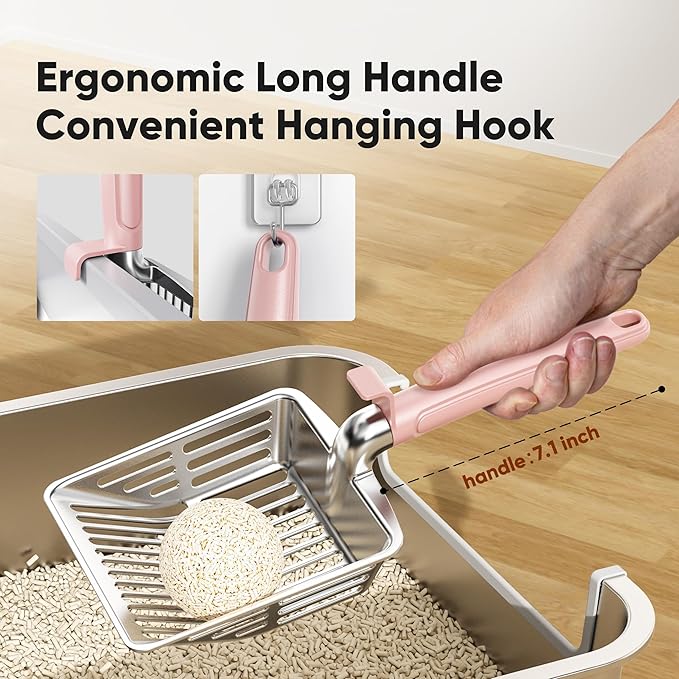 KooMooM Metal Cat Litter Scoop, Large Cat Scooper with Deep Shovel & Dual Sifting Holes for Fast & Precise Sifting, Space Aluminum Kitty Litter Scooper with Long Handle & Easy-to-Hang Hook - Pink