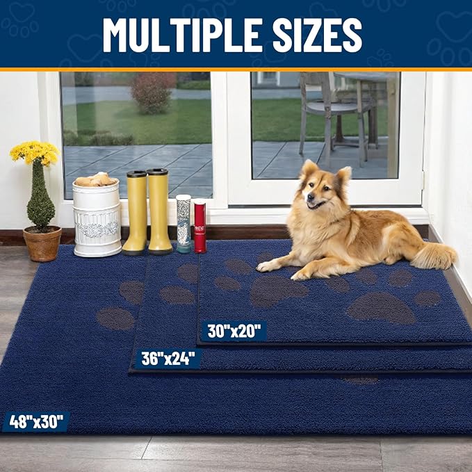 Smiry Dog Door Mat for Muddy Paws, Absorbs Moisture and Dirt, Low-Profile Entryway Mat with Non-Slip Backing, Entry Indoor Outdoor Doormat for Inside Floor (30x20 Inches, Navy Blue, Paw)