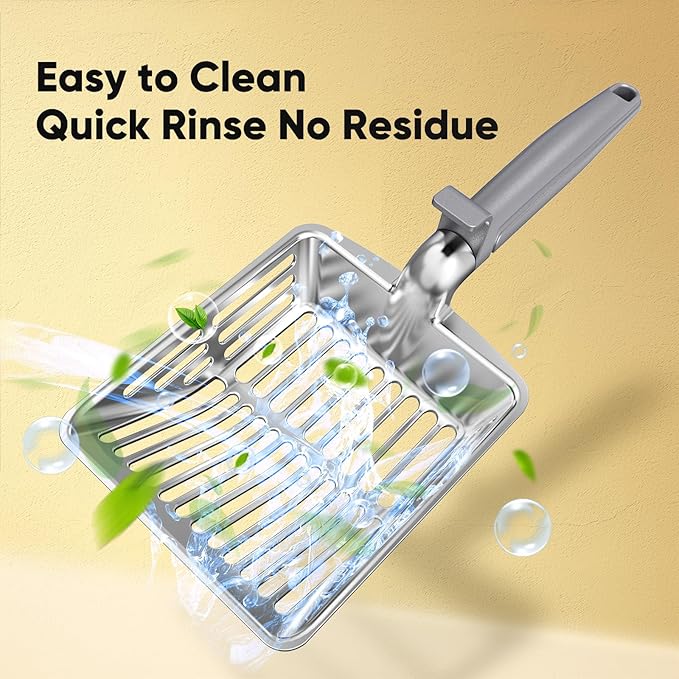 KooMooM Metal Cat Litter Scoop, Large Cat Scooper with Deep Shovel & Dual Sifting Holes for Fast & Precise Sifting, Space Aluminum Kitty Litter Scooper with Long Handle & Easy-to-Hang Hook - Grey
