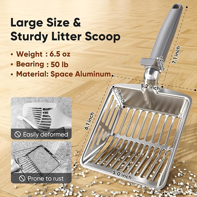 KooMooM Metal Cat Litter Scoop, Large Cat Scooper with Deep Shovel & Dual Sifting Holes for Fast & Precise Sifting, Space Aluminum Kitty Litter Scooper with Long Handle & Easy-to-Hang Hook - Grey