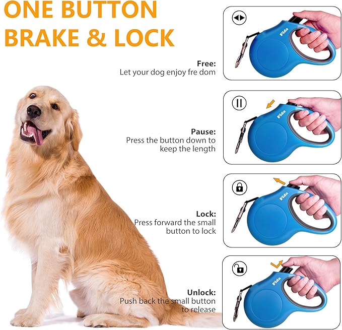 Fida Retractable Dog Leash with Dispenser and Poop Bags, 16 ft Pet Walking Leash for Medium Dog or Cat up to 44 lbs, Anti-Slip Handle, Tangle Free, Reflective Nylon Tape (M, Blue)