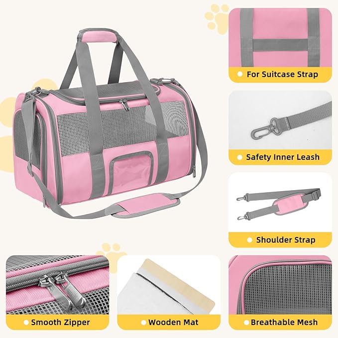Soft-Sided Cat Carrier for Pets Up to 15lbs, Airline Approved Under-Seat Travel Carrier, 17 Inch TSA Approved with Collapsible Bowl, Breathable Mesh & Removable Pad, Pink-Grey