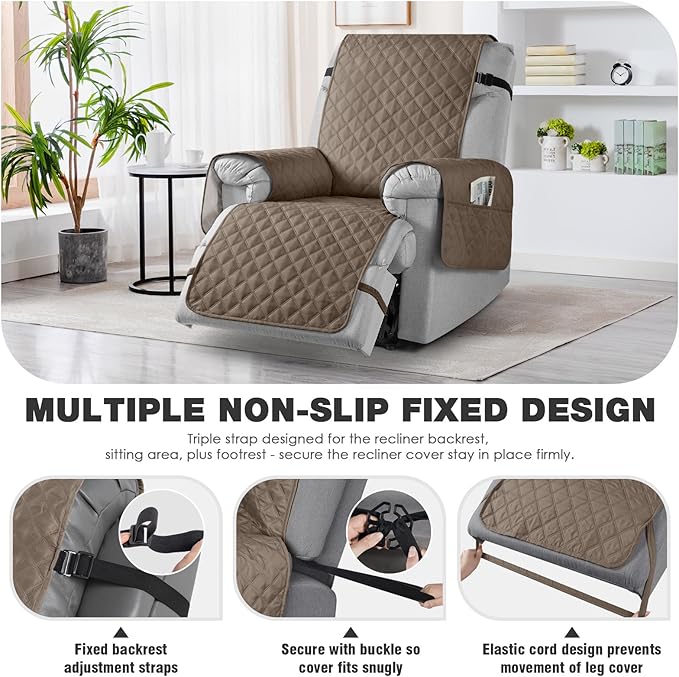 TAOCOCO 100% Waterproof Non-Slip Recliner Chair Cover Sofa Slipcover, Pet Cover for Recliner Chair with Elastic Straps, Washable Reclining Chair Cover Recliner Furniture Protector (23'' Small, Taupe)