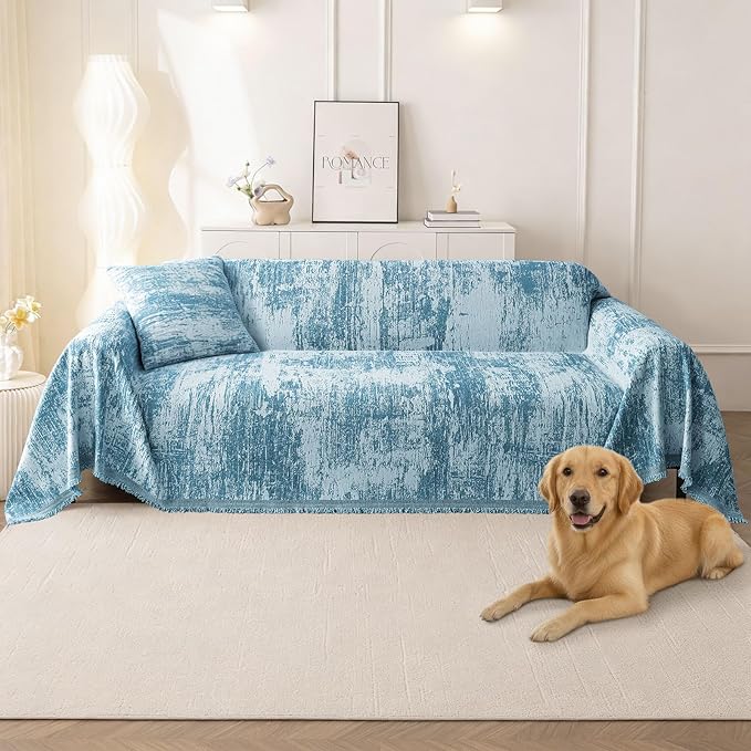 hyha Couch Cover for Dogs, Boho Sofa Covers for 3 Cushion Couch Washable, Chenille Sofa Slipcover for Pets, Soft Loveseat Sectional Couch Throw Blankets with Tassels (Blue/White, 71x134 Inch)