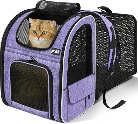 Pecute Cat Backpack Carrier Expandable, Pet Backpack for Cats & Small Dogs Up to 11lbs, with 4-Side Breathable Mesh, Multi-Entry & Lockable Zippers for Travel, Hiking, Camping - Hands Free, Purple