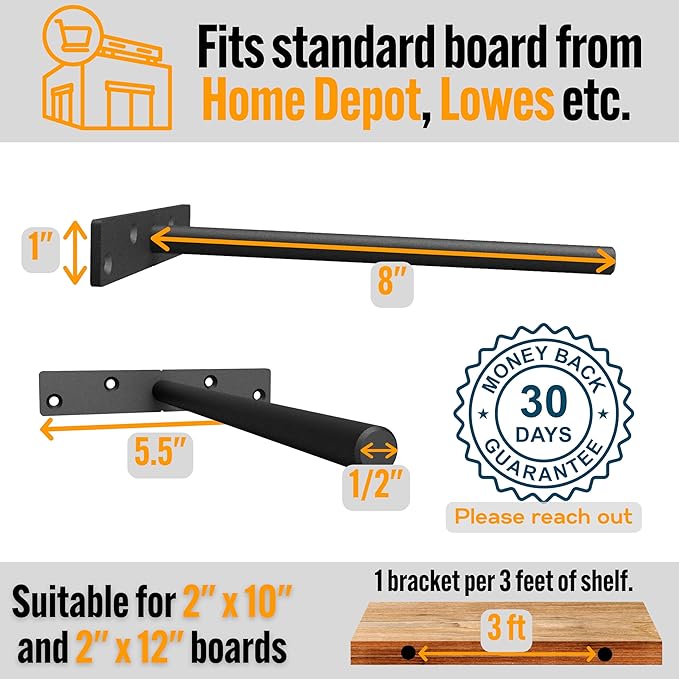 EVALD Heavy Duty Floating Shelf Bracket | 8-Inch Floating Mantel Mount, Blind Shelf Supports, and Anchors | Floating Shelf Hardware for Home and Office Decor | Fireplace Mantel Brackets (6 Pack)