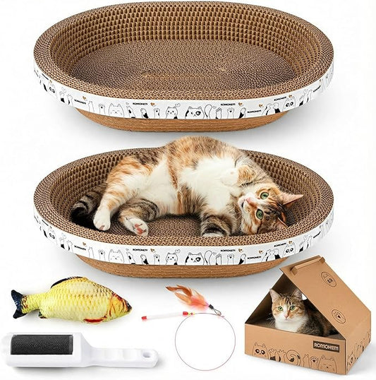 4PCS Cardboard Cat Scratcher Bed Set with House for Indoor Cats, 2 Big Oval Cat Lounger Bowls 17", Durable Scratching Board Pad, All-in-One Cat Scratch Box with Bonus Toys for Furniture Protection.