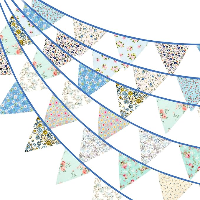 G2PLUS 39Ft Triangle Bunting Banner, 42Pcs Blue Floral Garland Pennant Banner, Reusable Cotton Triangle Flags Party Decoration for Birthday, Wedding, Garden Tea Party, Baby Shower, Room Decor