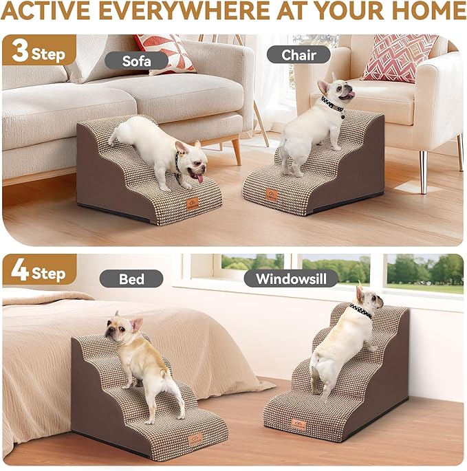 Zerbuger Dog Ramp and Stair for Bed 16" H-20 H,3-Step Cat Stair for Sofa and Chair,4-Step Dog Ramp for High Bed and Window,Durable Nonslip Fabric Cover for Indoor (Coffee-16 H, Pet Friendly, 3)