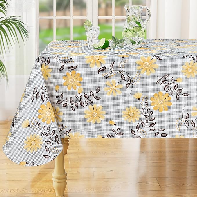 misaya Square Waterproof Vinyl Table Cloth, Wipeable Tablecloth with Flannel Backing, Plastic Table Cover for Dinner, Picnic, Indoor and Outdoor (Yellow Flowers, 54" x 54")