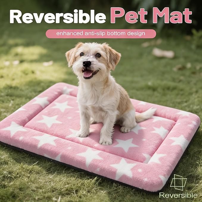 Fogkiss Dog Bed Mat, Reversible Crate Pad & Cute Dog Bed - Machine Washable Kennel Mat with Ultra Soft for Small Dogs (Big&Small Stars Pink, 24" L*18" W*1.5" Th)