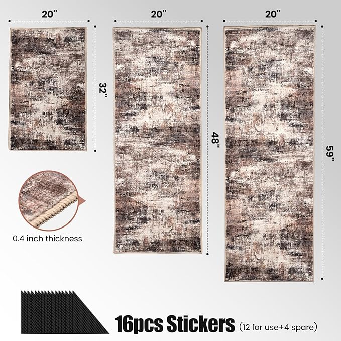 Kitchen Rug Set 3Pcs, Boho Rug Sets Non Slip Washable for Floor Thick Farmhouse Kitchen Decor Runner Rugs for Kitchen, Entryway，Laundry, Hallways 20''x32''+20''x48''+20''x59