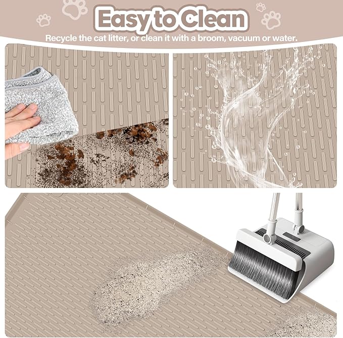 Bartuke Cat Litter Mat, Extra Large 34" x 22" Silicone Mat Litter Trapping Mat for Scatter Control, Soft on Kitty Paws, Easy to Clean (Beige)