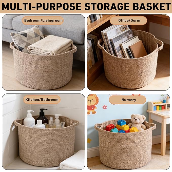 90L Large Blanket Basket,21.7"L x 21.7"W x 13.8"H Rope Woven Baskets with Handles, Toys Storage Bins,Laundry Basket Perfect for Living Room, Nursery,Bedroom,Home Organization,Brown