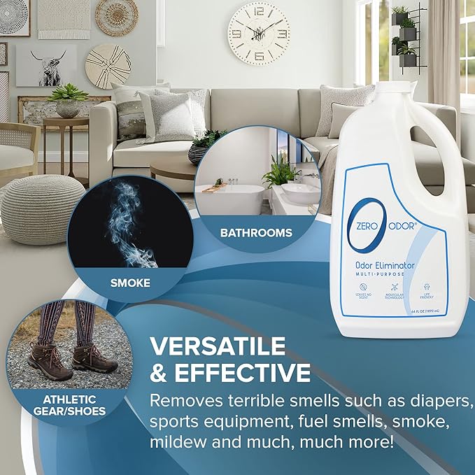 Zero Odor - Multi-Purpose Strong Odor Eliminator for Home, Office, Car, Bathroom, Hotel, Room Deodorizer, and Odor Neutralizer 64oz Refill, 2-Pack