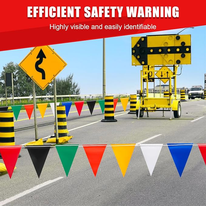 Safety Warning Pennant Banner Flags – Multipurpose 105FT OSHA High Visibility Colored Triangle Flags for Party, Roadwork, and Hazard Areas(MULTICOLOR,45pcs,105FT)