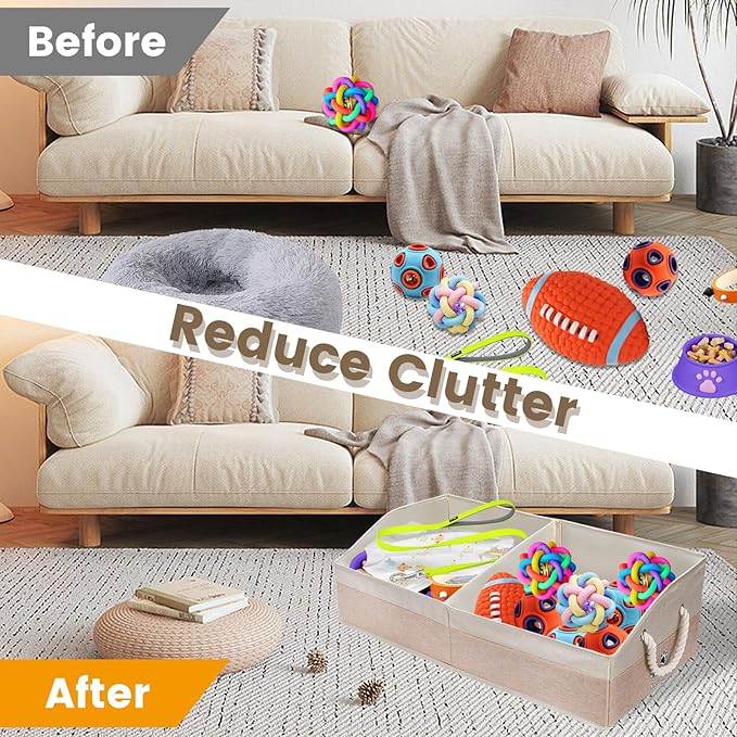 Large Dog Toy Basket With Handle, Foldable Dog Toy Box for Living Room Area, 28.5" Basket for Toy, Clothes, Organizers and Storage with Hard Board, Anti-slip for Pet Toys (Beige, Large)