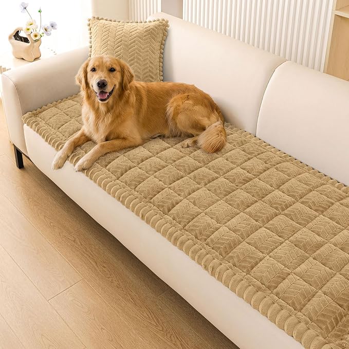 Smiry Non Slip Couch Covers for Dogs, Fuzzy Pet Couch Covers for 3 Cushion Sofa Pet Friendly, Soft Sofa Slipcovers Cushion Furniture Protector Washable (Camel, 43" x 82.7")