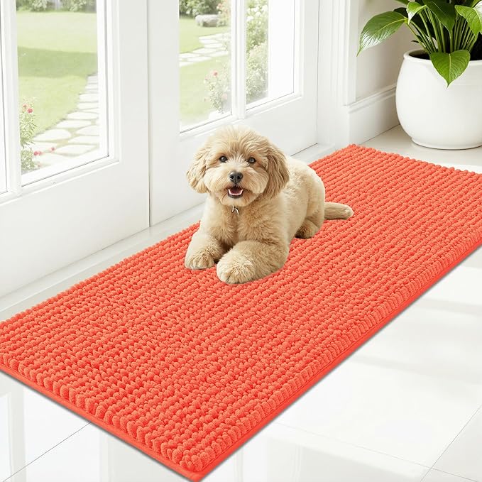 OLANLY Dog Door Mat for Muddy Paws 59x20, Ultra Absorbent Chenille Mud Doormat, Non-Slip Washable and Dirt Trapping Doormat for Indoor Entryway, Quick-Dry Indoor Pet Bed Mats for Dogs, Coral