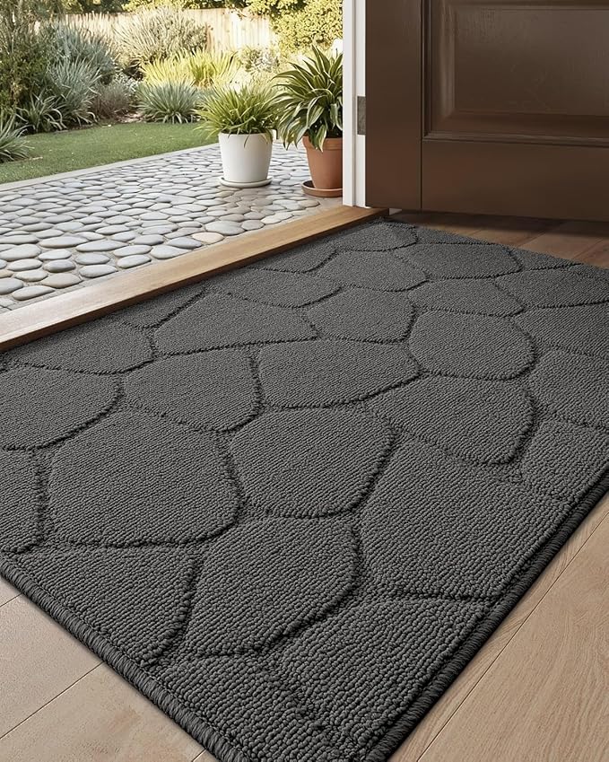 DEXI Front Door Entryway Mat Non Slip, 2x3 ft Washable Inside Entrance for House Floor Low Profile, Thin Entry Doormat Absorbent Dirt Trapper, Pebble Grey