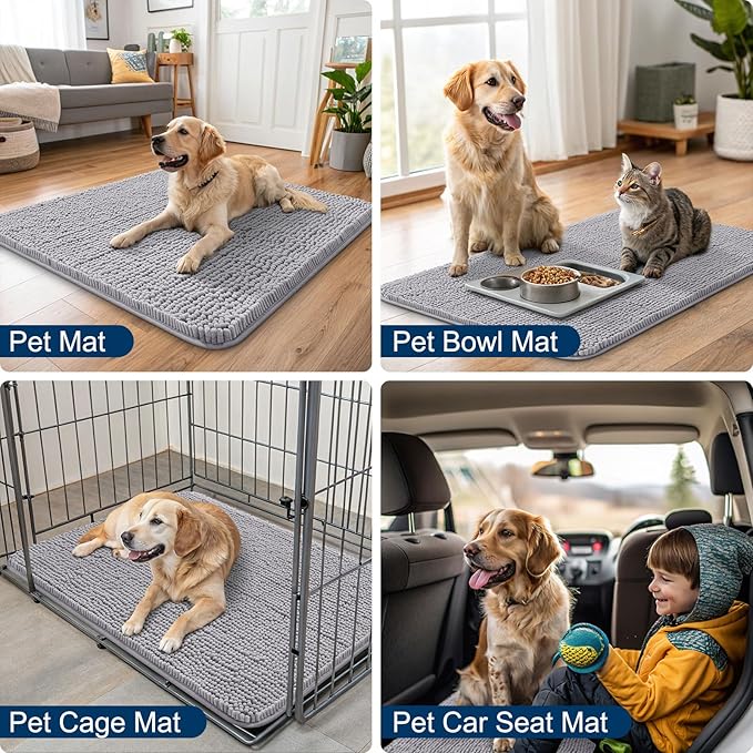 Smiry Dog Door Mat for Muddy Paws 48x30, Absorbs Moisture and Dirt Doormat, Non-Slip Washable Quick Dry Chenille Front Door Mat Indoor Entrance, Entryway Carpet for Inside Floor, Light Grey