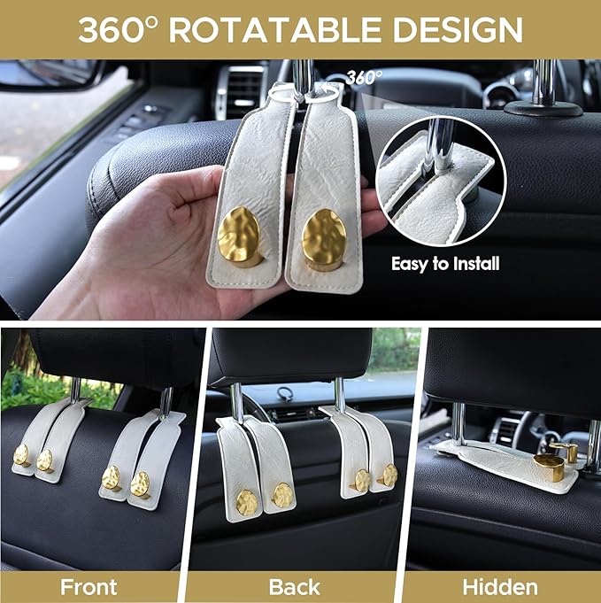 4 PCS Leather Car Seat Hooks for Headrest, Vehicle Hanger Storage Organizer Universal for Handbag Purse, Car Accessories Gift (White-Gold-4 PCS)