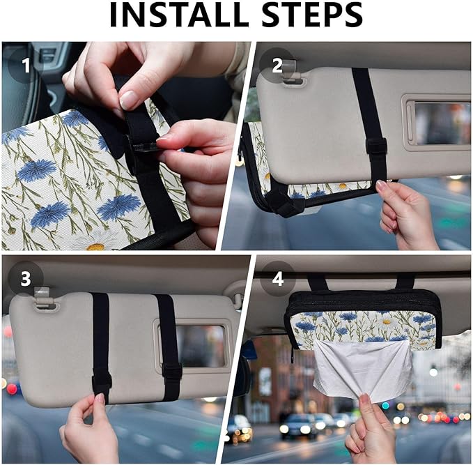 Car Tissue Holder Car Napkin Holder Car Tissue Box Dispenser Storage Case Sun Visor Mask Holder with Adjustable Straps Reusable Refillable Blue and White Daisy03