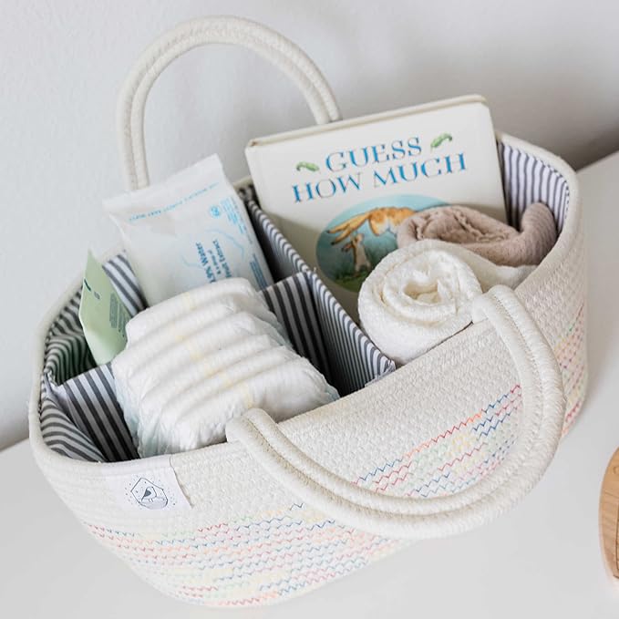 OrganiHaus Nursery Storage Basket, Cotton Rope Toy, Foldable Design, Machine Washable, Ideal for Baby Room & Laundry - Stitches Rainbow