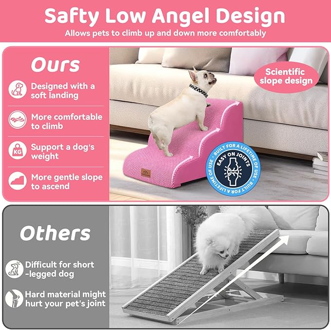Zerbuger Dog Ramp and Stair for Bed 16" H-20 H,3-Step Cat Stair for Sofa and Chair,4-Step Dog Ramp for High Bed and Window,Durable Nonslip Fabric Cover for Indoor (Pink-16 H, Pet Friendly, 3)