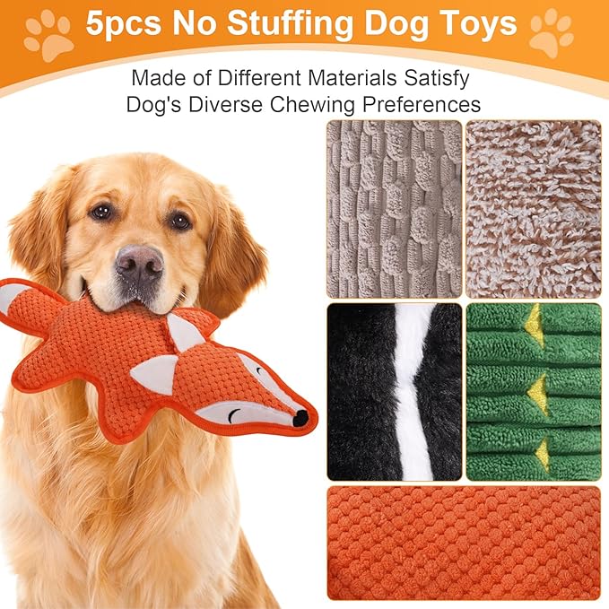 5 Pack No Stuffing Squeaky Dog Toys for Large Dogs - Interactive Durable Plush Chew Toy with Crinkle Paper, Safe Pet Toy for Small to Large Breed, Ideal for Puppy Gifts & Tug of War Toys