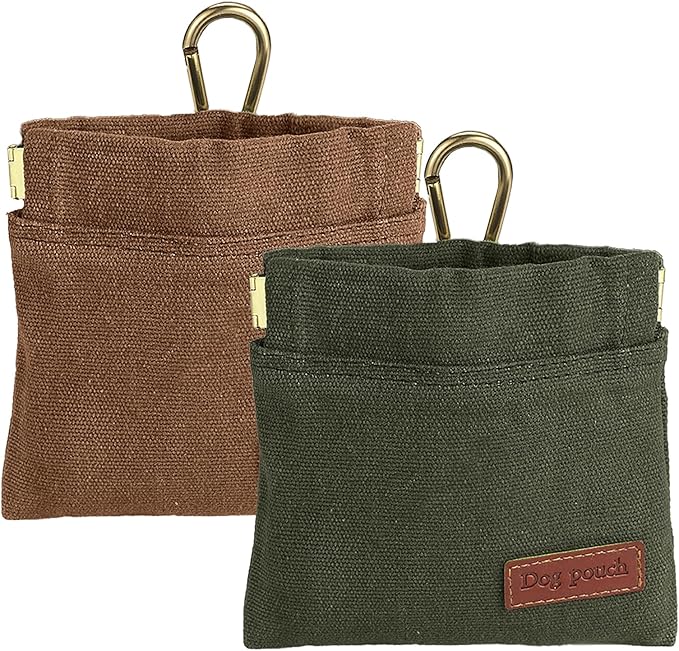 VZZNN 2PC Dog Treat Pouch,Dog Training Treat Reward Bag,Portable Puppy Hand Free Dog Walking Bag,Auto Closing Dog Food Dispenser,Behavior Aids for Puppy Travel or Outdoor(Green Khaki)