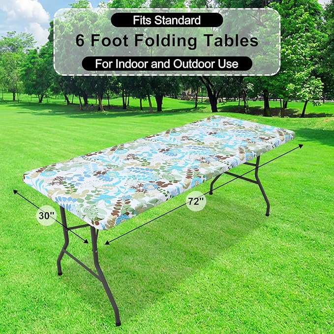 misaya Rectangle Vinyl Tablecloth, Fitted Table Cover, 100% Waterproof, Elastic Edge, Flannel Backing, Table Cloth Fit 6 Foot Folding Tables for Picnic, Outdoor (Leaves, 30x72 inch)