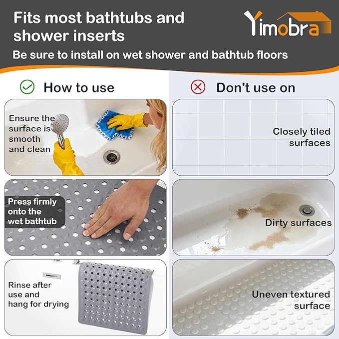 Yimobra Bath Tub Mat Non Slip, 34.5"x15.5" Long Shower Mat, Machine Washable Bathmat with Drain Holes and Suction Cups, Soft on Feet, Bathroom Essentials, Grey
