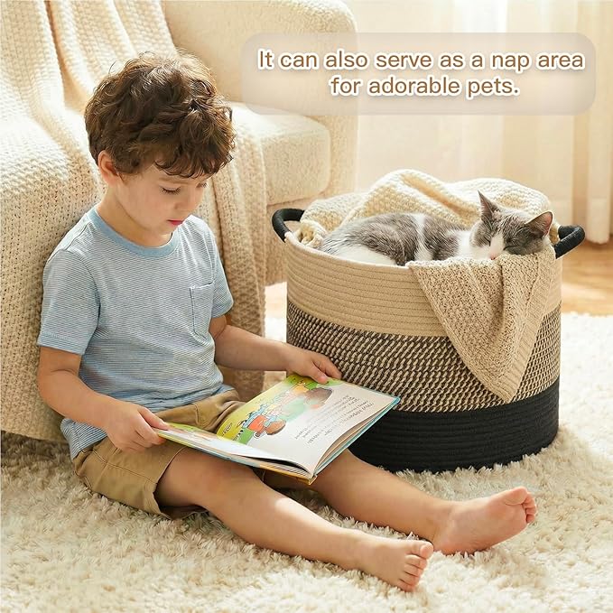 Artfeel 100L Large Cotton Rope Basket, Decorative Woven Blanket Storage for Living Room, Boho Toy Storage & Toy Box for Kids, Versatile Laundry Basket & Nursery Hamper for Blankets(BlackBrown)