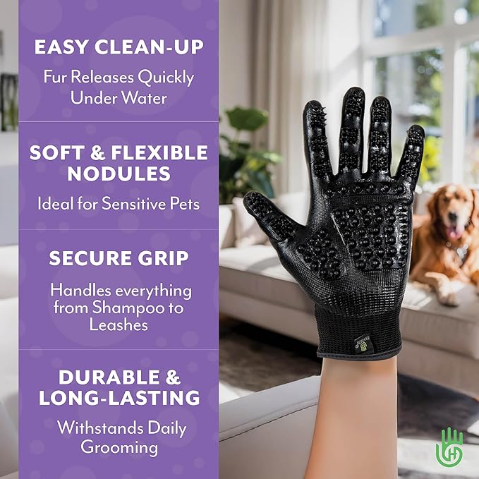 H HandsOn Pet Grooming Gloves - Patented #1 Ranked, Award Winning Shedding, Bathing, & Hair Remover Gloves - Gentle Brush for Cats, Dogs, and Horses (Black, Small)