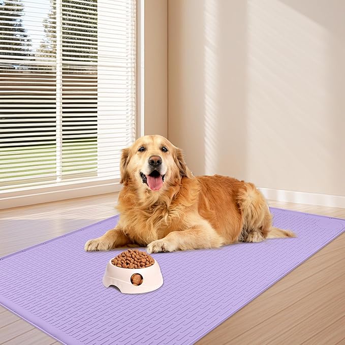 Bartuke Dog Food Mat, Extra Large 34" x 22" Silicone Pet Feeding Mat with Raised Edge Pet Placemat for Small, Medium, and Large Pets Non-Slip, Easy to Clean (Purple)