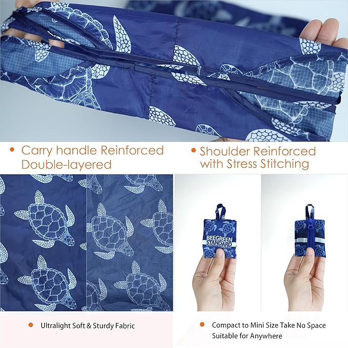BeeGreen Hedgehog Ultimate Travel Tote Bag - Orange Reusable Grocery Shopping Bag - Foldable Compact Portable Sturdy Bags