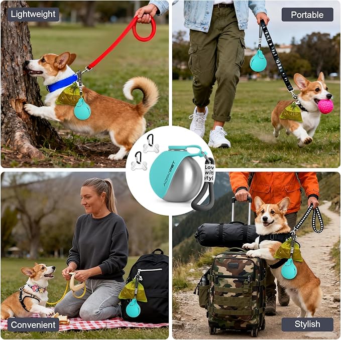 Portable Dog Water Bottle 10oz Stainless Steel Travel Dog Water Dispenser with Bowl No-Spill Puppy Water Bottle for Walking Hiking Small Dog Water Bottle, Includes Waste Bag Holder