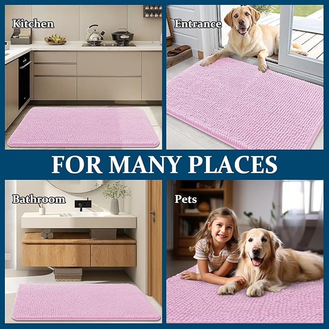 OLANLY Dog Door Mat for Muddy Paws 44x32, Absorbs Moisture and Dirt, Absorbent Non-Slip Washable Doormat, Quick Dry Chenille Mud Mat for Dogs, Entry Indoor Entryway Carpet for Inside Floor, Pink