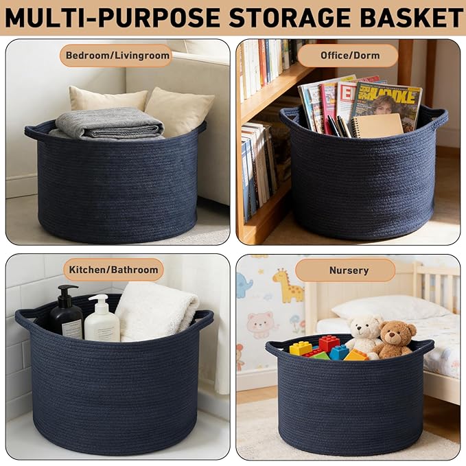 65L Extra Large Woven Cotton Rope Blanket Basket with Handles, Laundry Hamper Storage Bin for Pillows, Comforters,Clothes, Toys, Nursery, Bedroom and Living Room Organization,Dark Blue