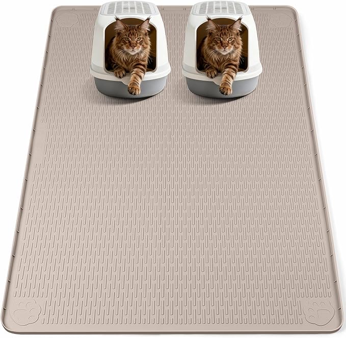 Bartuke Cat Litter Mat, XL Extra Large 57" x 40" Silicone Mat Litter Trapping Mat for Scatter Control, Soft on Kitty Paws, Easy to Clean (Khaki)